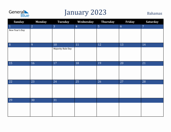 January 2023 Bahamas Calendar (Sunday Start)