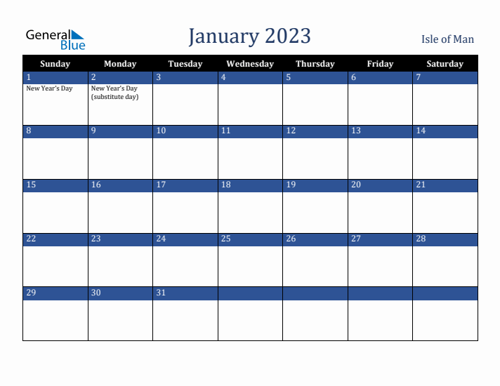 January 2023 Isle of Man Calendar (Sunday Start)