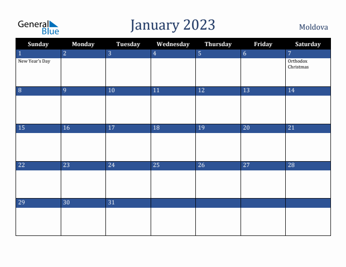 January 2023 Moldova Calendar (Sunday Start)