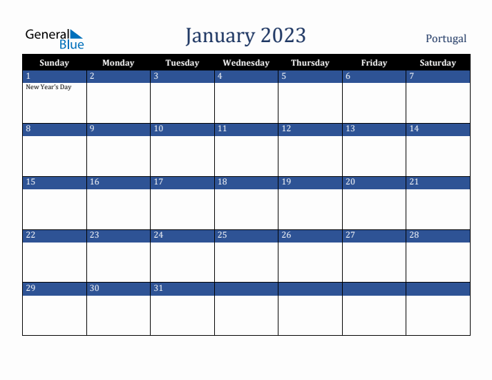 January 2023 Portugal Calendar (Sunday Start)