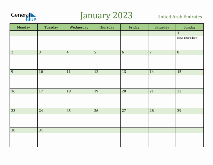 January 2023 Calendar with United Arab Emirates Holidays