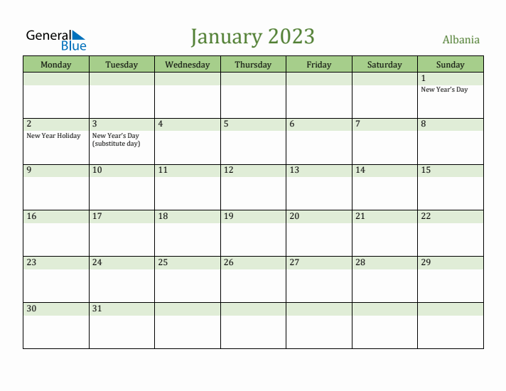 January 2023 Calendar with Albania Holidays