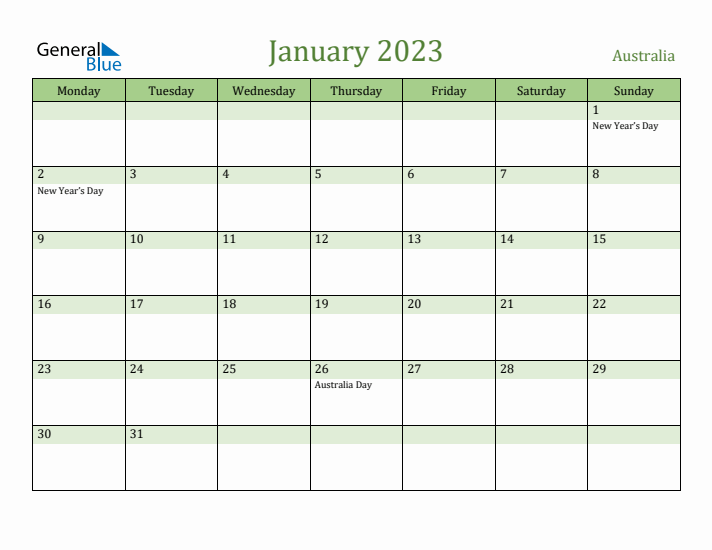 January 2023 Calendar with Australia Holidays