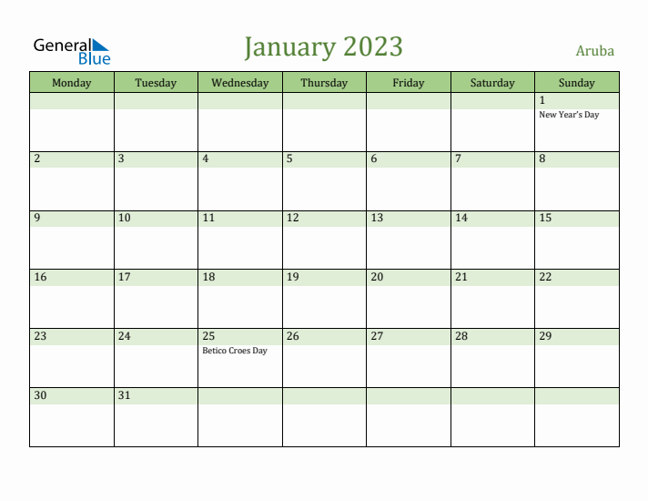 January 2023 Calendar with Aruba Holidays