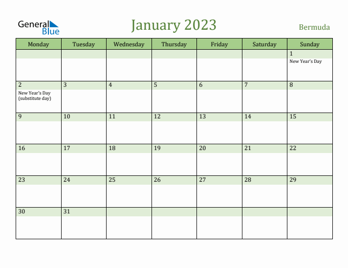 January 2023 Calendar with Bermuda Holidays