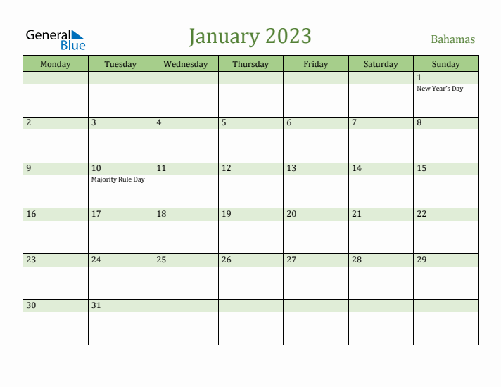 January 2023 Calendar with Bahamas Holidays