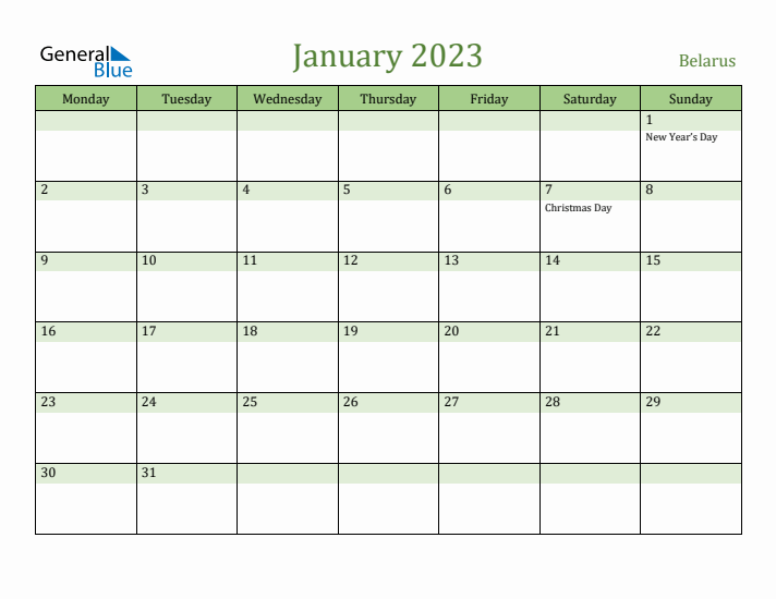 January 2023 Calendar with Belarus Holidays