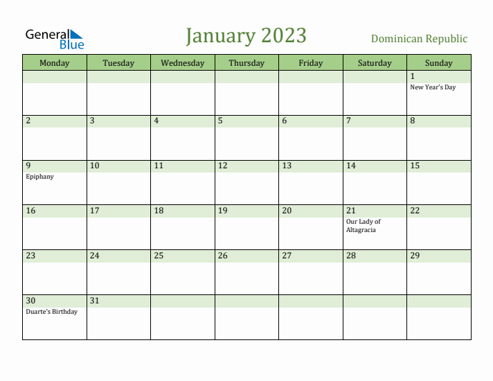 January 2023 Calendar with Dominican Republic Holidays