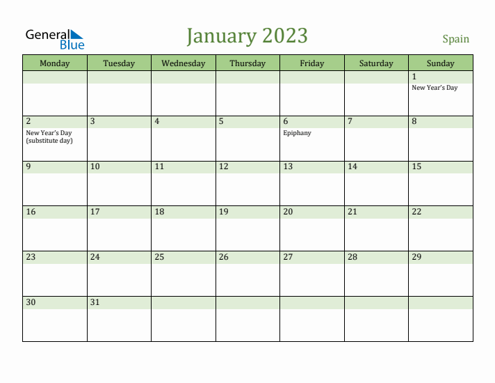 January 2023 Calendar with Spain Holidays