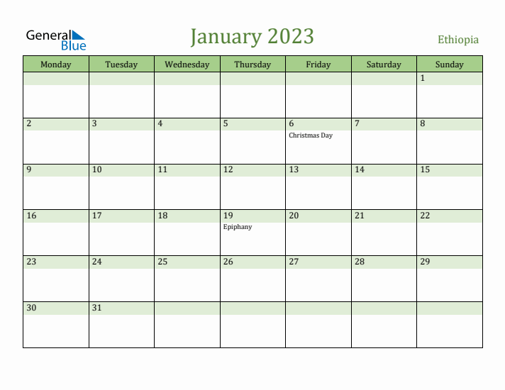 January 2023 Calendar with Ethiopia Holidays