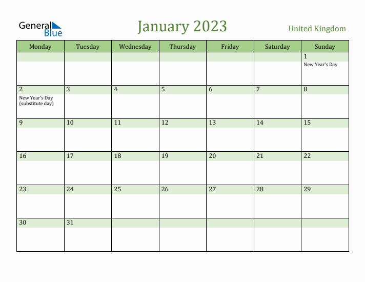 January 2023 Calendar with United Kingdom Holidays