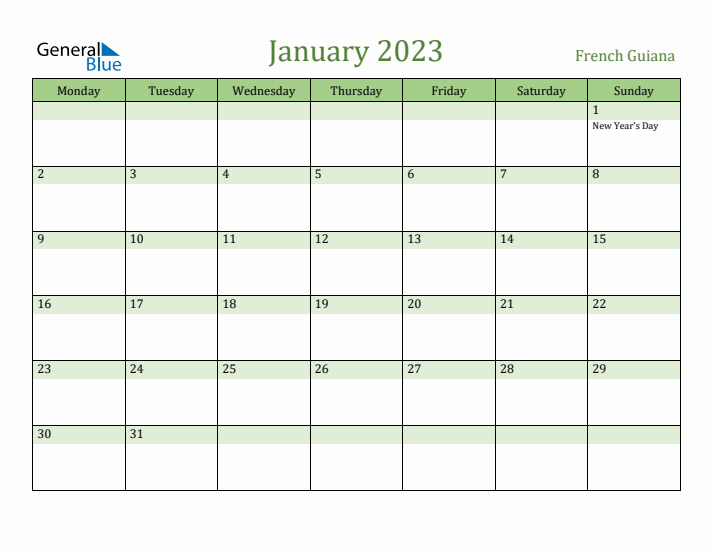 January 2023 Calendar with French Guiana Holidays