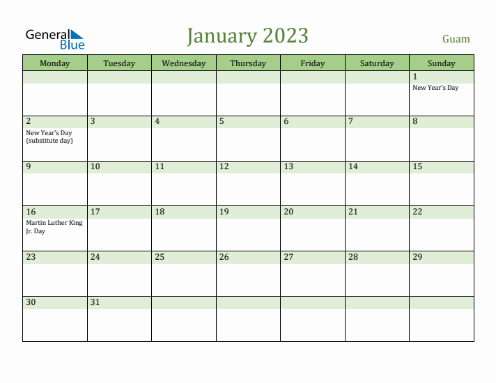 January 2023 Calendar with Guam Holidays