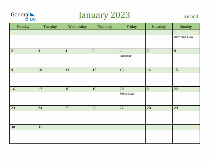 January 2023 Calendar with Iceland Holidays