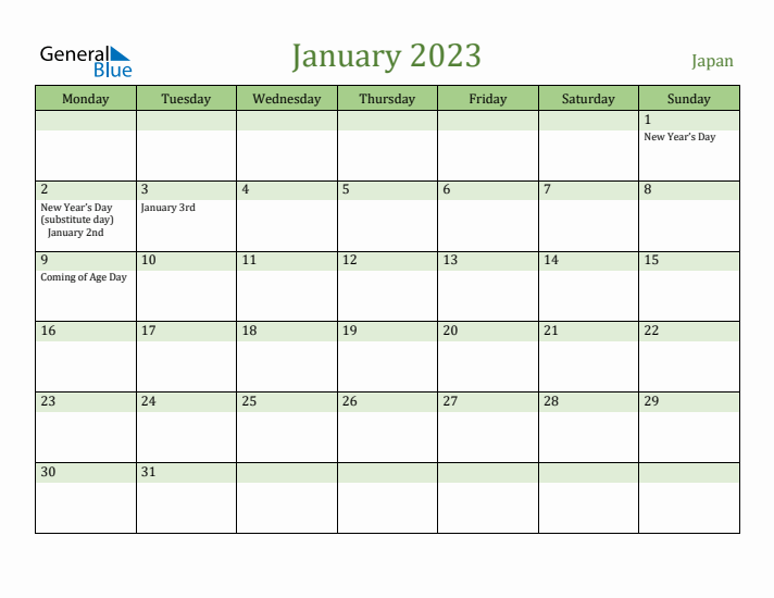 January 2023 Calendar with Japan Holidays