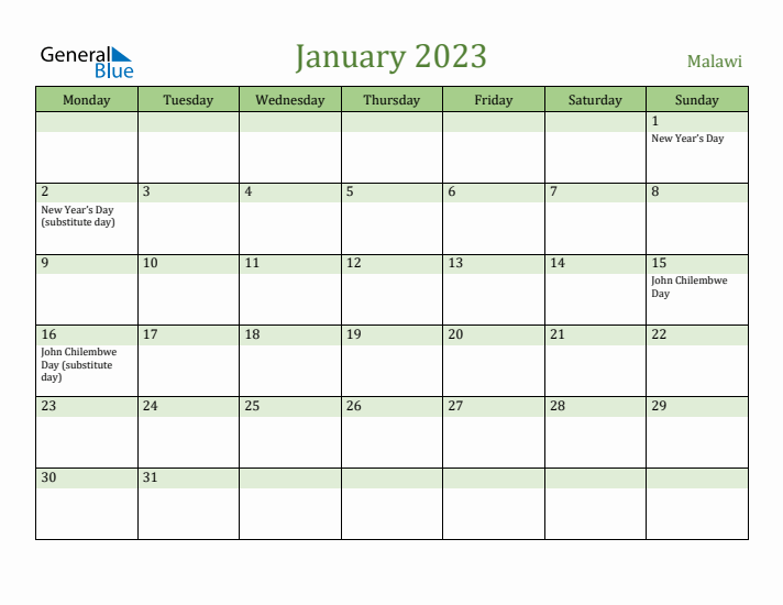 January 2023 Calendar with Malawi Holidays