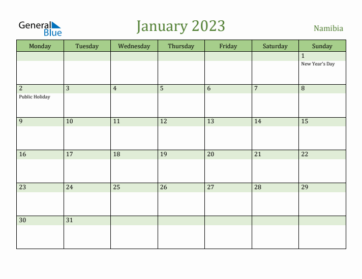 January 2023 Calendar with Namibia Holidays