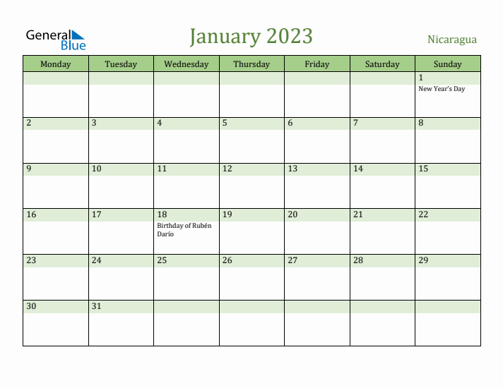 January 2023 Calendar with Nicaragua Holidays