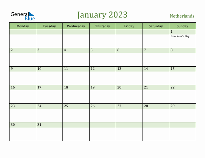 January 2023 Calendar with The Netherlands Holidays