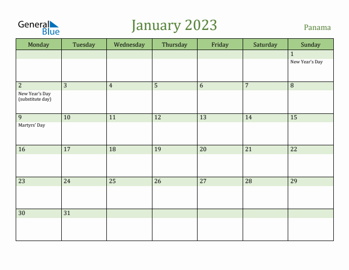 January 2023 Calendar with Panama Holidays