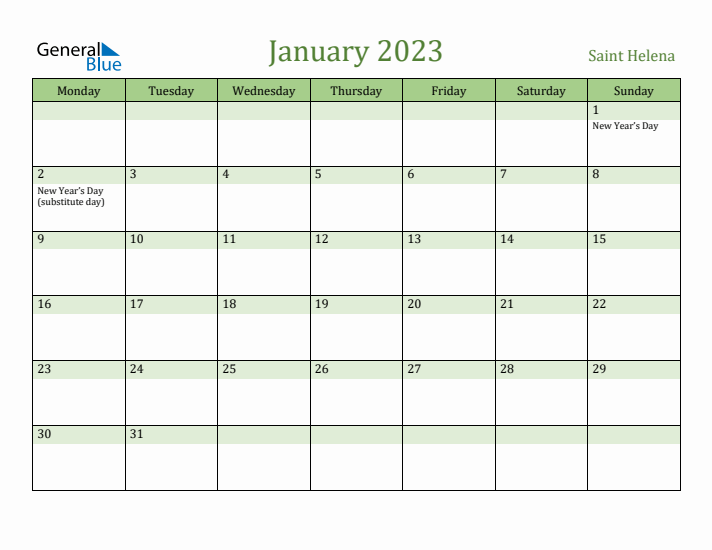 January 2023 Calendar with Saint Helena Holidays