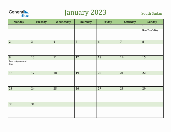 January 2023 Calendar with South Sudan Holidays