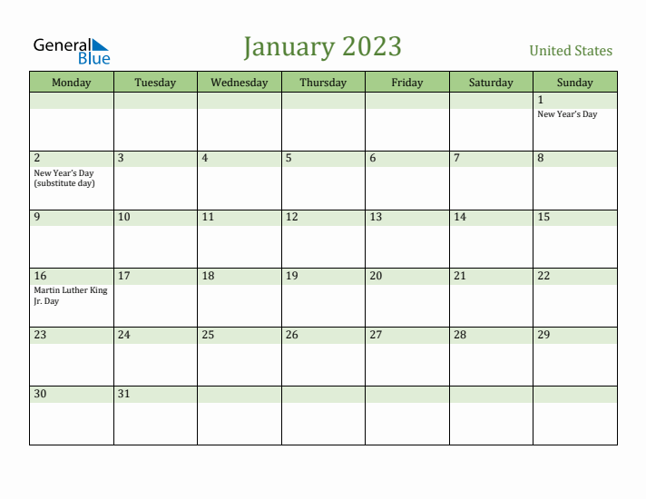 January 2023 Calendar with United States Holidays