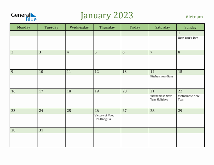 January 2023 Calendar with Vietnam Holidays