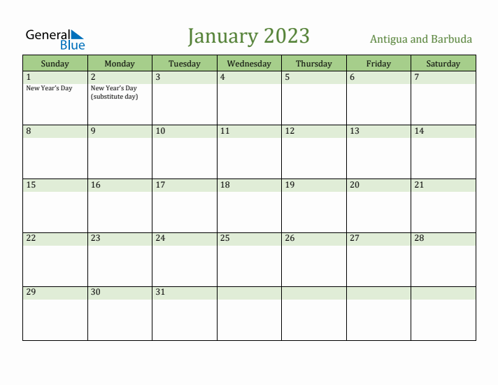 January 2023 Calendar with Antigua and Barbuda Holidays