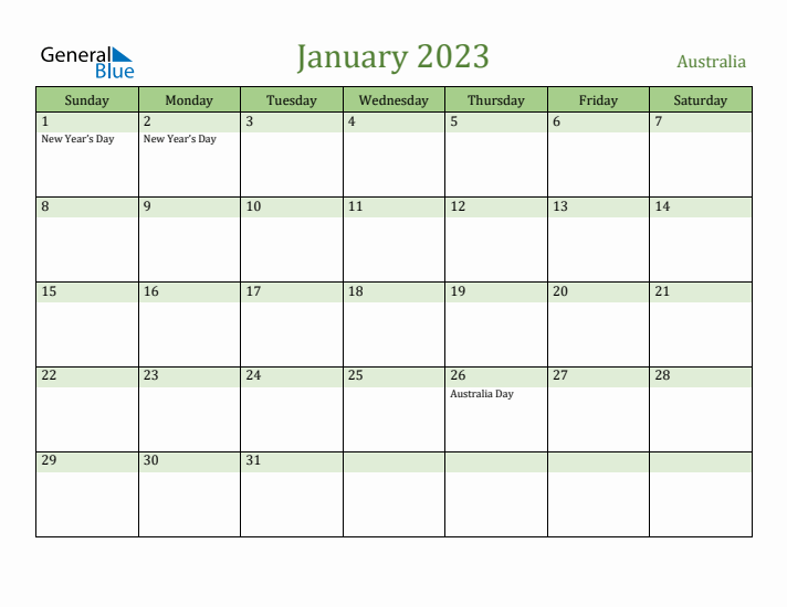 January 2023 Calendar with Australia Holidays