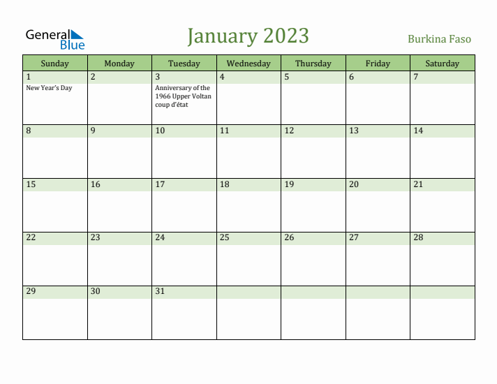 January 2023 Calendar with Burkina Faso Holidays