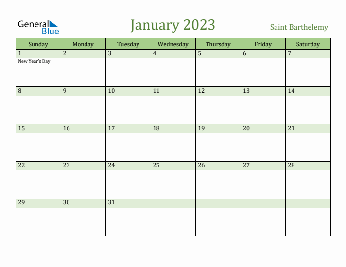 January 2023 Calendar with Saint Barthelemy Holidays