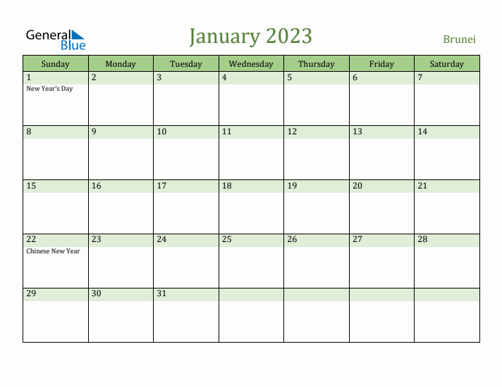 January 2023 Calendar with Brunei Holidays