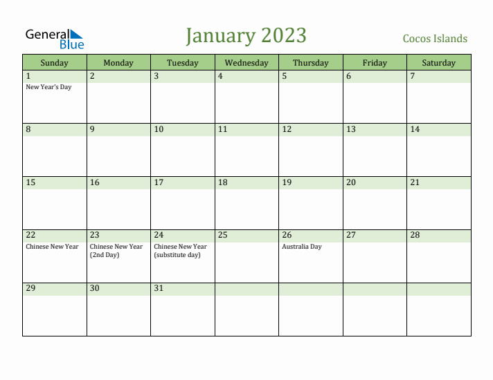 January 2023 Calendar with Cocos Islands Holidays