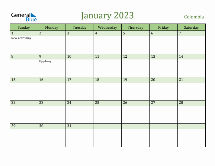 January 2023 Calendar with Colombia Holidays