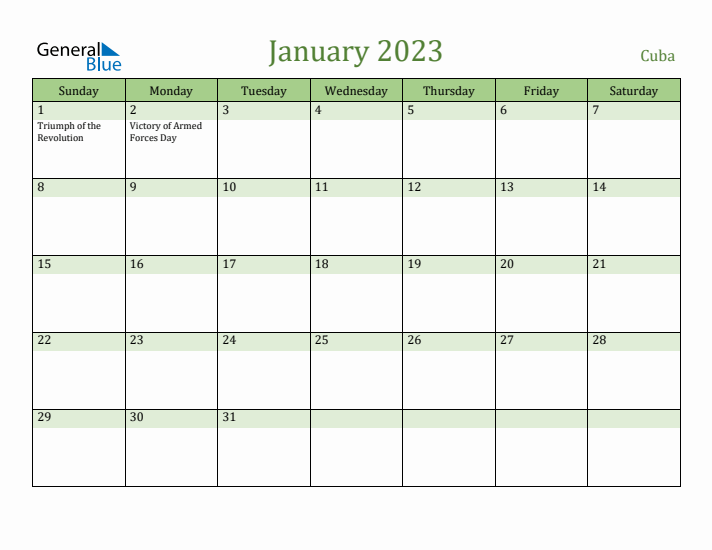 January 2023 Calendar with Cuba Holidays