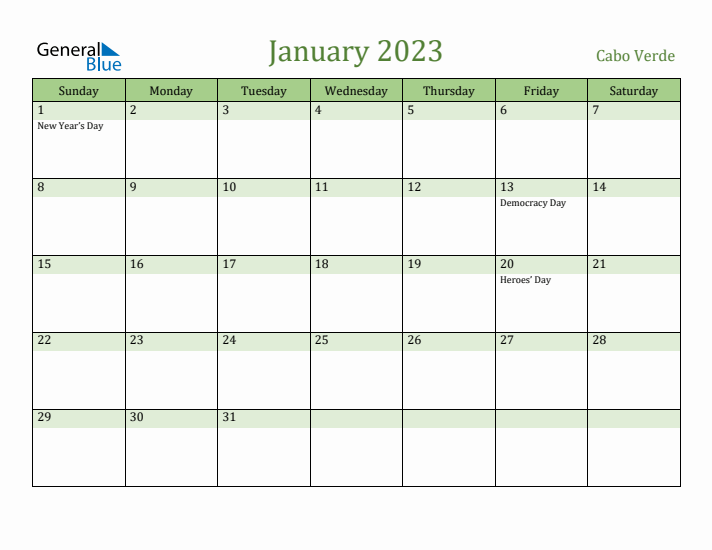 January 2023 Calendar with Cabo Verde Holidays