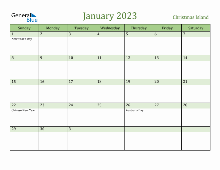 January 2023 Calendar with Christmas Island Holidays