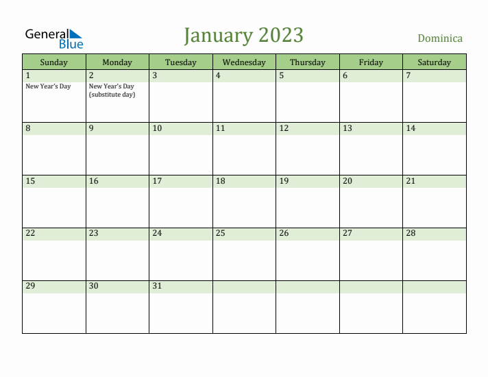 January 2023 Calendar with Dominica Holidays