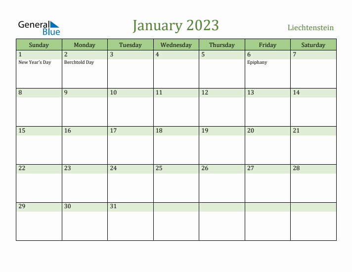 January 2023 Calendar with Liechtenstein Holidays