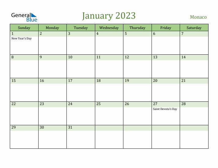 January 2023 Calendar with Monaco Holidays