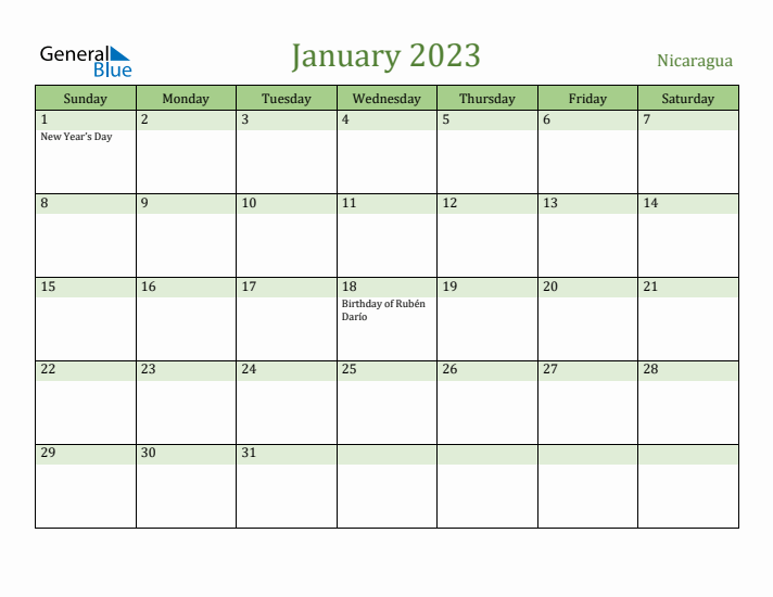 January 2023 Calendar with Nicaragua Holidays