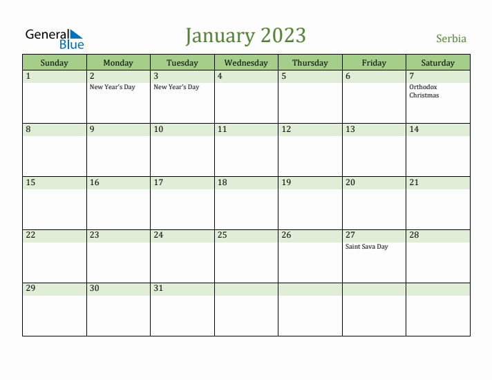 January 2023 Calendar with Serbia Holidays