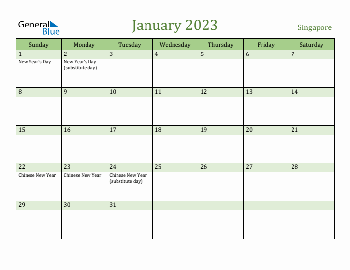 January 2023 Calendar with Singapore Holidays