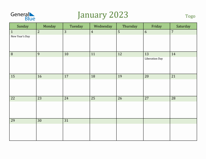 January 2023 Calendar with Togo Holidays