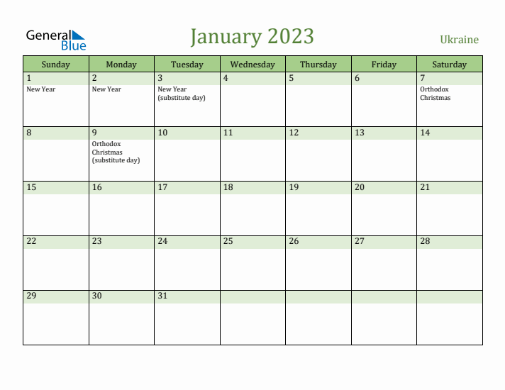 January 2023 Calendar with Ukraine Holidays