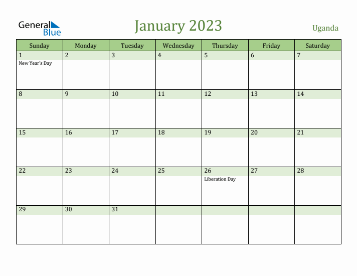 January 2023 Calendar with Uganda Holidays