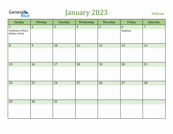 January 2023 Calendar with Vatican Holidays