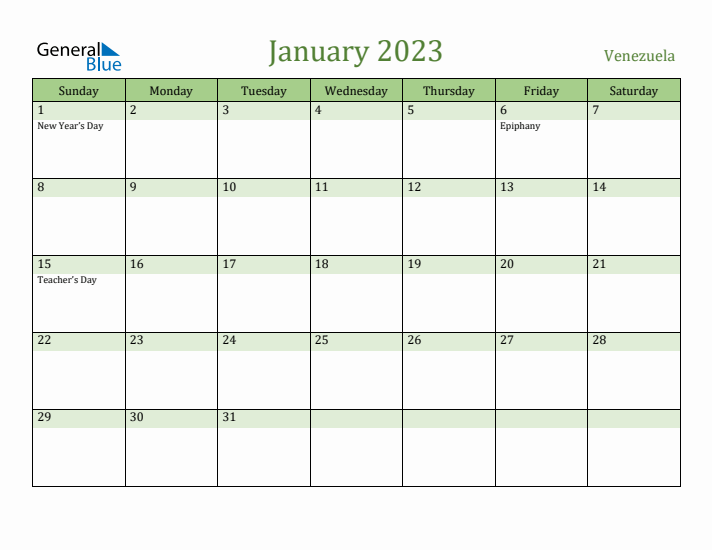 January 2023 Calendar with Venezuela Holidays