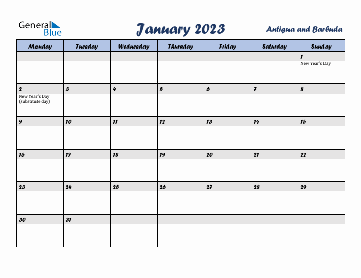 January 2023 Calendar with Holidays in Antigua and Barbuda